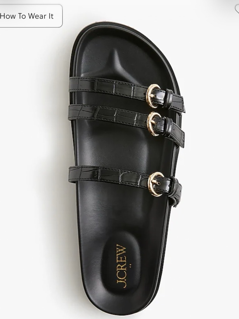 J Crew Black Croc Three Strap Slide Sandals